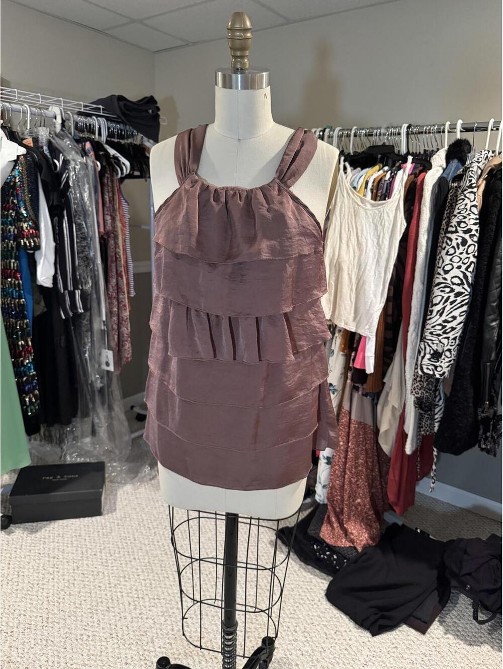Brown Tiered Ruffle Sleeveless Blouse Top - Medium